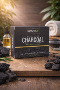 Bathouse charcoal soap packaging with activated charcoal and salicylic acid for clear, blemish-free skin