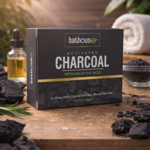 Bathouse charcoal soap packaging with activated charcoal and salicylic acid for clear, blemish-free skin