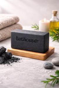 Natural activated charcoal soap by Bathouse for oily and acne-prone skin, deep cleansing detox bar