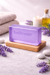 Lavender soap by Bathouse with aromatherapy spa setup for relaxation and stress relief