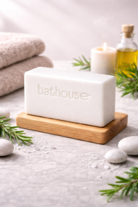 Bathouse moisturizing soap with vitamin B5 and B3 placed in spa setting for sensitive dry skin care