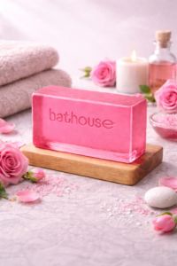 Pink rose glycerin soap bar by Bathouse for soft hydrated glowing skin