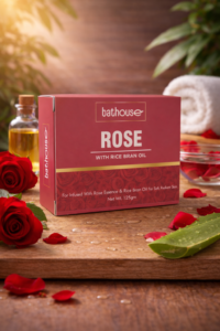 Bathouse rose soap packaging infused with rose essence and rice bran oil