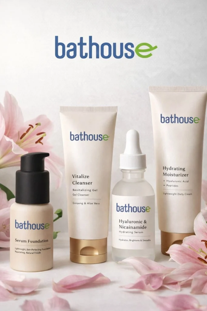 Bathouse natural skincare products including cleanser, serum, moisturizer and foundation with eco friendly formulation
