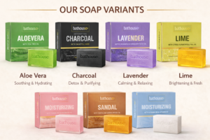 Bathouse soap variants display showing seven product variants including Aloe Vera, Charcoal, Lavender, Lime, Moisturizing (Sandalwood), Sandal, and Moisturizing (Vitamin B5 & B6) soaps with their colorful packaging
